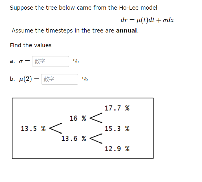 Suppose the tree below came from the Ho-Lee model dr=(t)dt+dz Assume