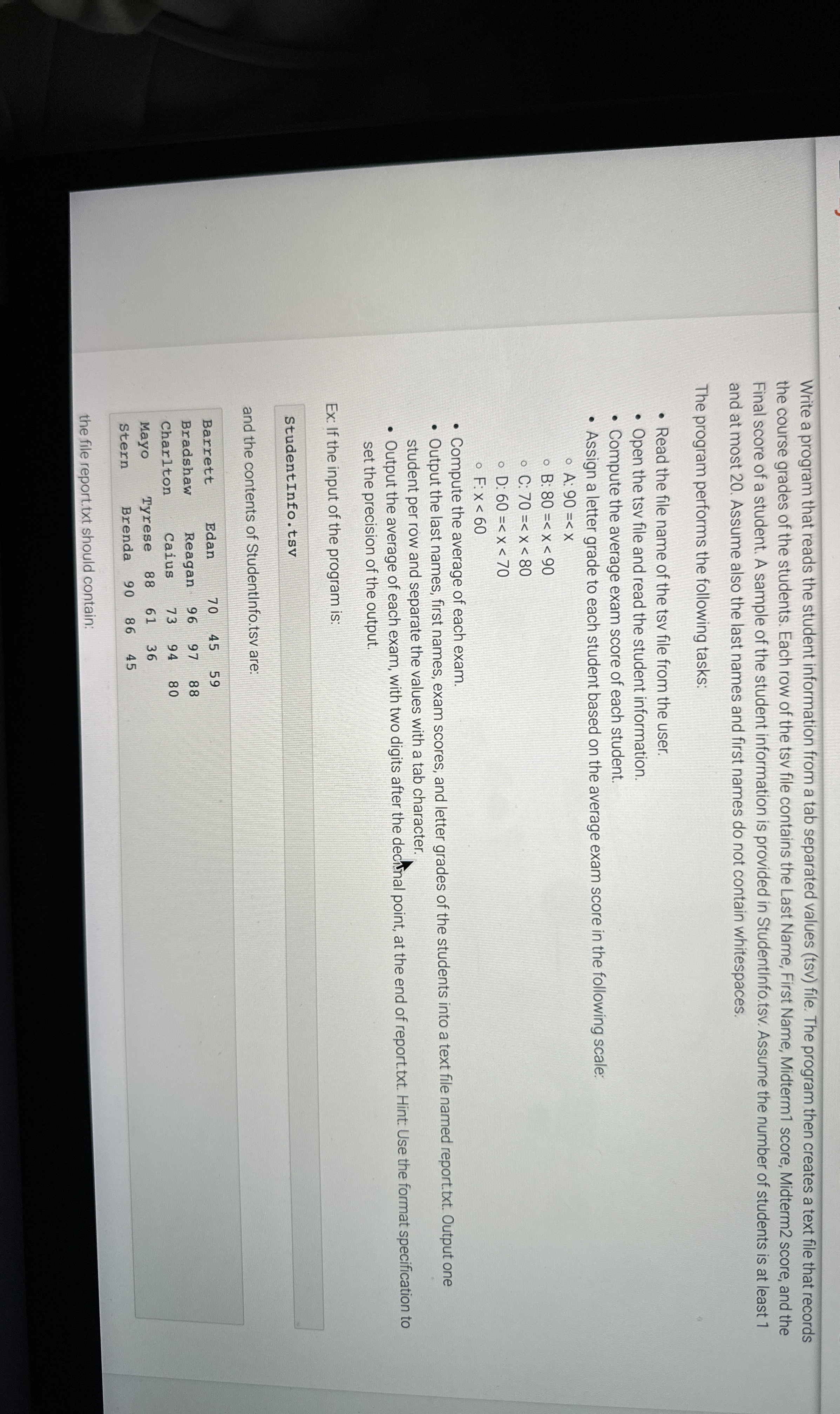  Write a program that reads the student information from a tab