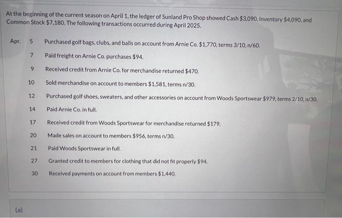  fill out the chart Journalize the April transactions using a periodic