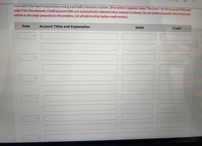 inventory system. (If no entry is required, select "No Entry" for the