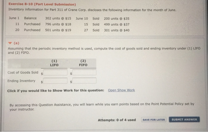  Exercise 8-10 (Part Level Submission) Inventory information for Part 311 of