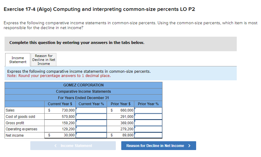 Exercise 17-4 (Algo) Computing and interpreting common-size percents LO P2 Express the