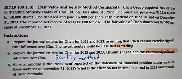  E17.19(LO 2,3)(Fair Value and Equity Method Compared) Chen Group acquired 20%