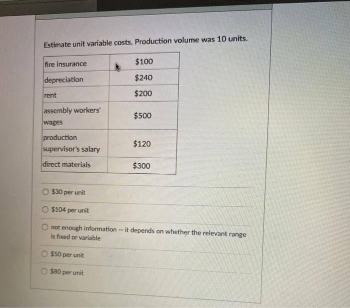  Estimate unit variable costs. Production volume was 10 units. fire insurance