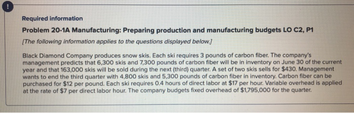  Required information Problem 20-1A Manufacturing: Preparing production and manufacturing budgets LO