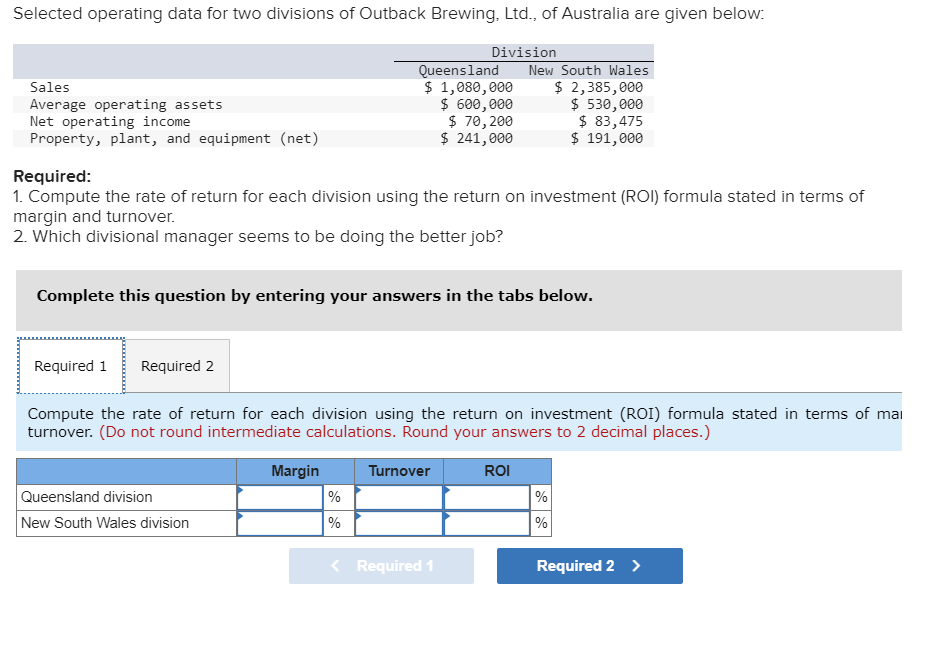 1. Compute the rate of return for each division using the