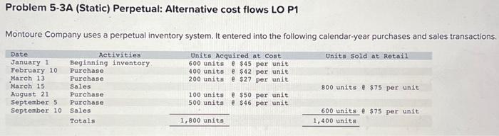 plese fill in the blanks Problem 5-3A (Static) Perpetual: Alternative cost flows