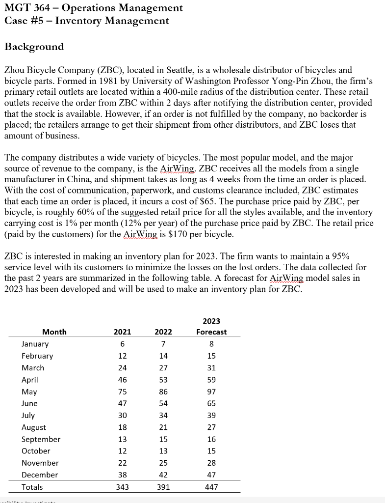 Please show all formulas used!!!!!!!!!! Case #5 Inventory Management Background Zhou Bicycle