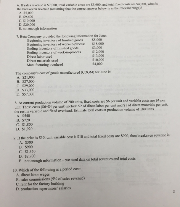  2. Managerial Accounting. Please provide complete and correct solution done on