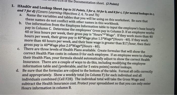  . the Documentation sheet. (2 Points) 1. IfAndor and Lookup Sheet