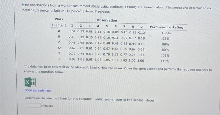  Nine observations from a work measurement study using continuous timing are