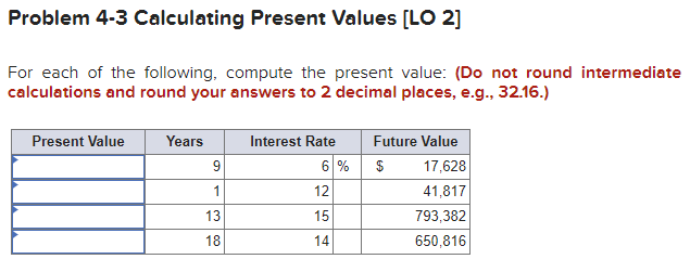 Question 1: Question 2: Question 3: Problem 4-3 Calculating Present Values [LO