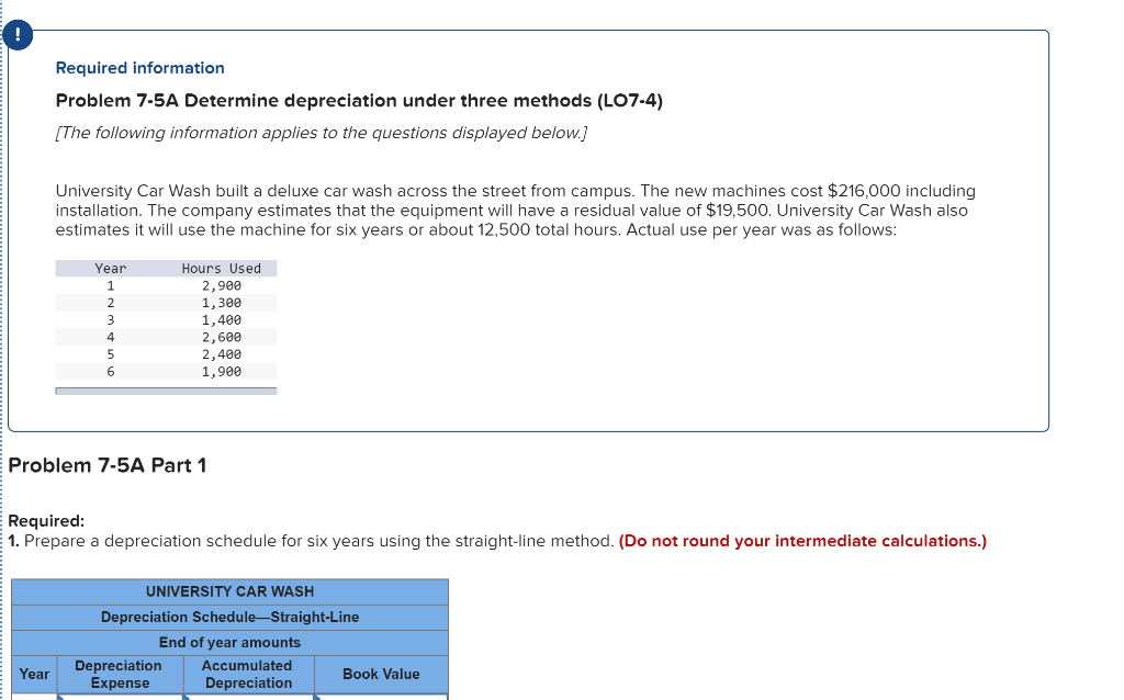 all questions Required information Problem 7-5A Determine depreciation under three methods (L07-4)