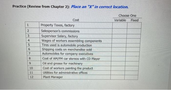  Practice (Review from Chapter 2): Place an "X" in correct location.