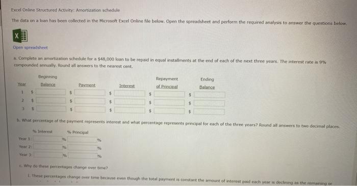  Excel Online Structured Activity: Amortization schedule The data on a loan
