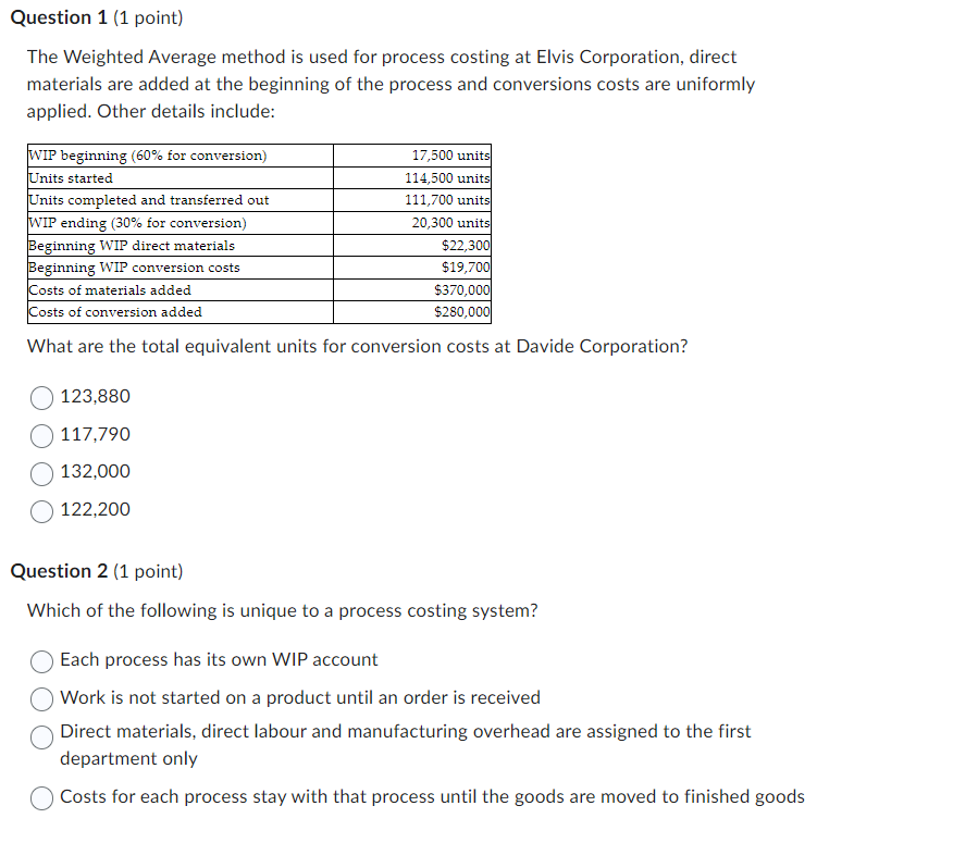  The Weighted Average method is used for process costing at Elvis
