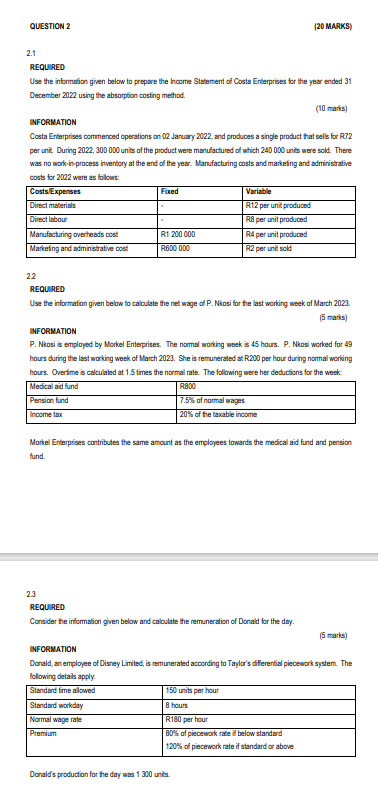 2.1 REQURED Use the information given below to prepare the hoome