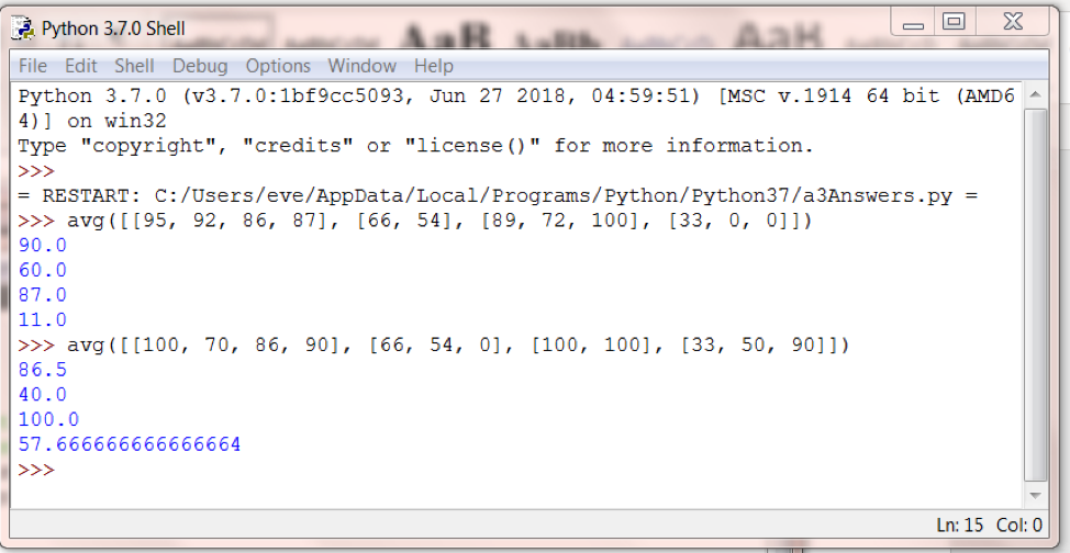 Implement function avg() that takes as input a list that contains lists