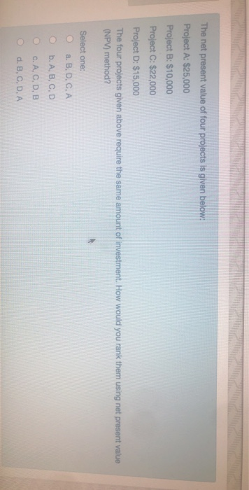  The net present value of four projects is given below: Project