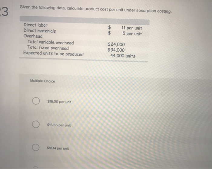  Given the following data, calculate product cost per unit under absorption