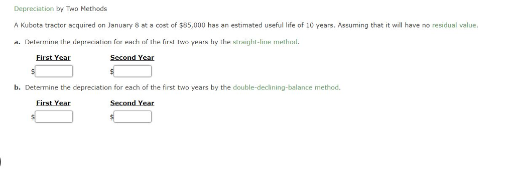 a) b) Depreciation by Two Methods A Kubota tractor acquired on January
