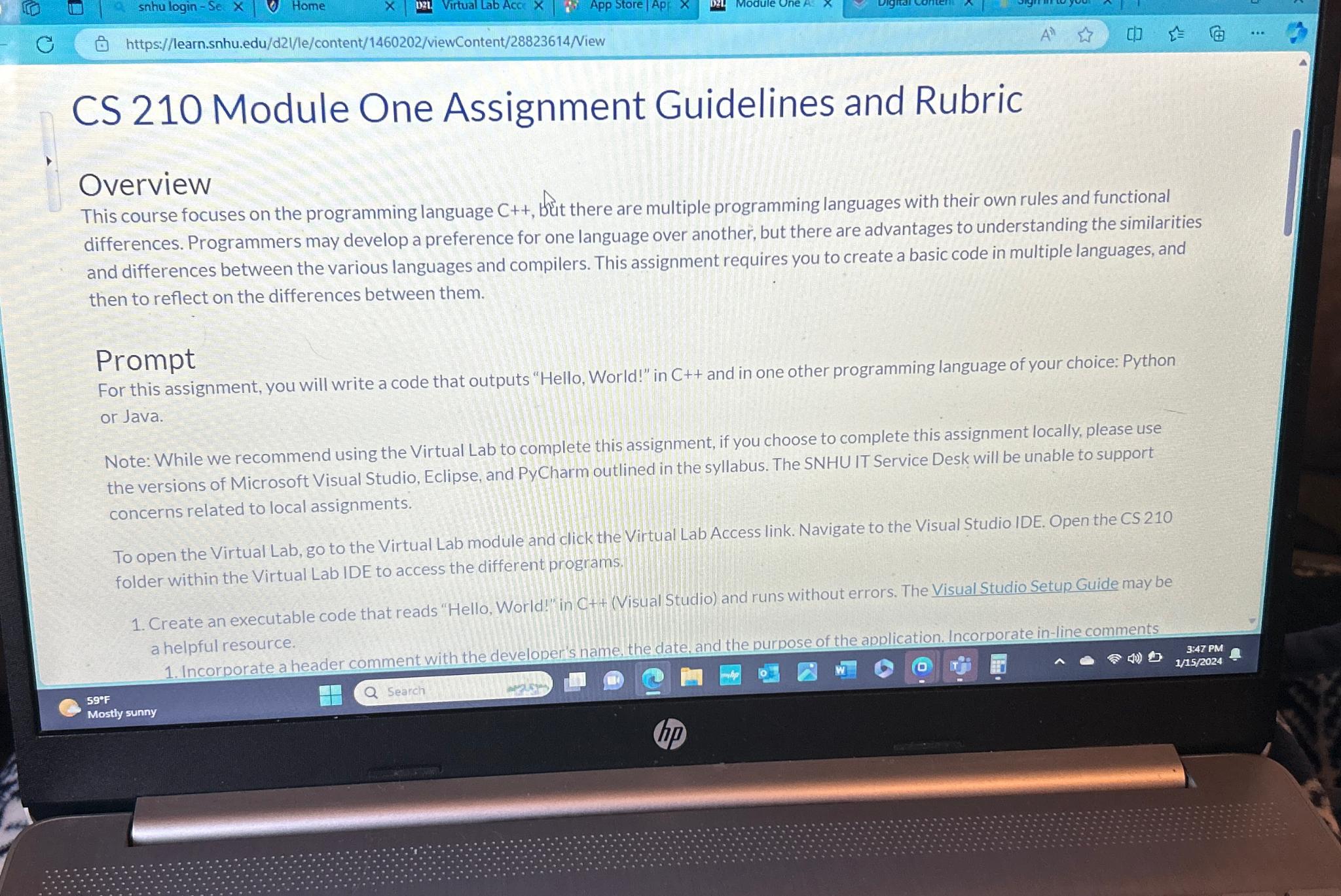  CS 210 Module One Assignment Guidelines and Rubric Overview This course