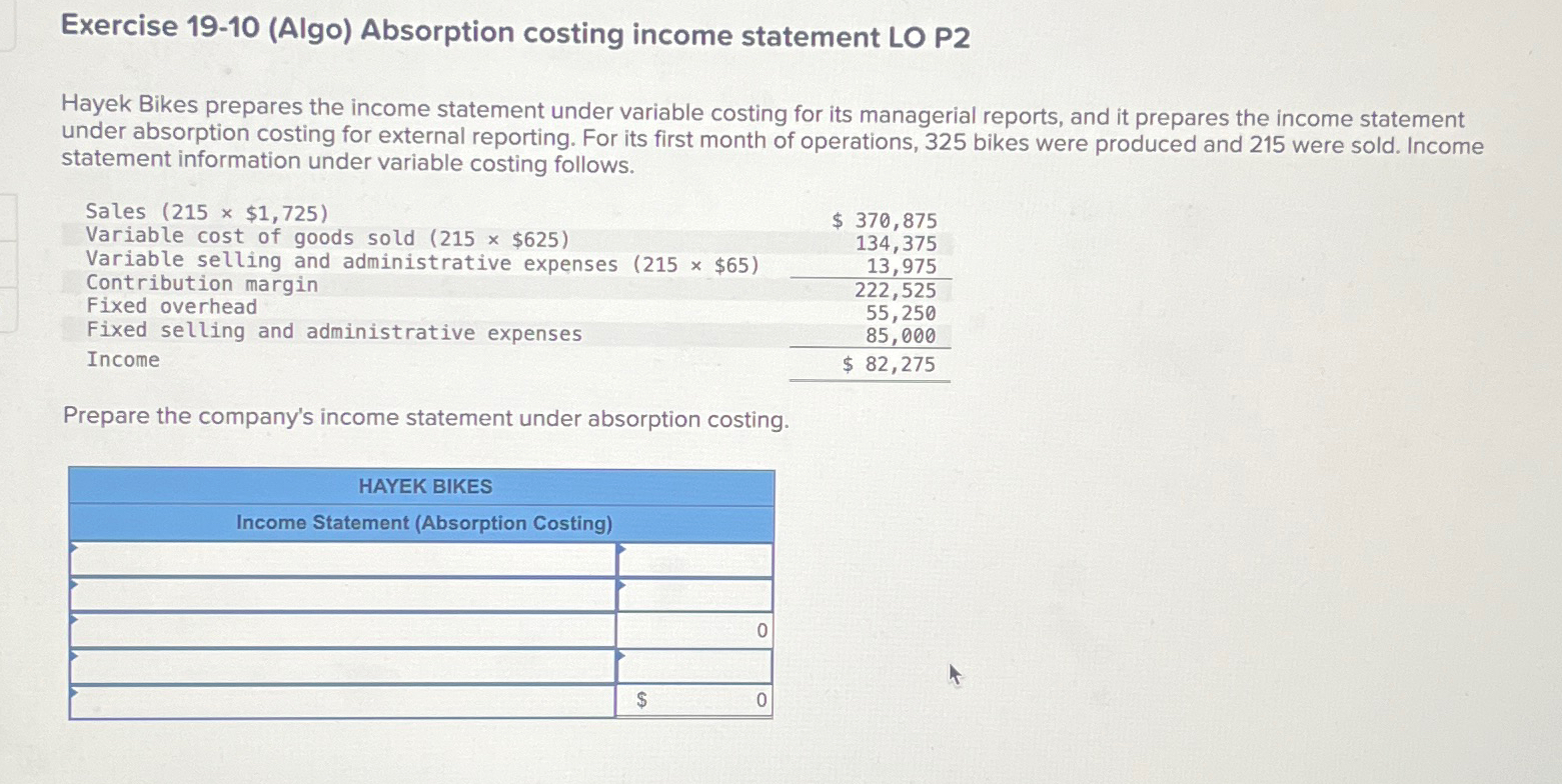  Exercise 19-10(Algo) Absorption costing income statement LO P2 Hayek Bikes prepares