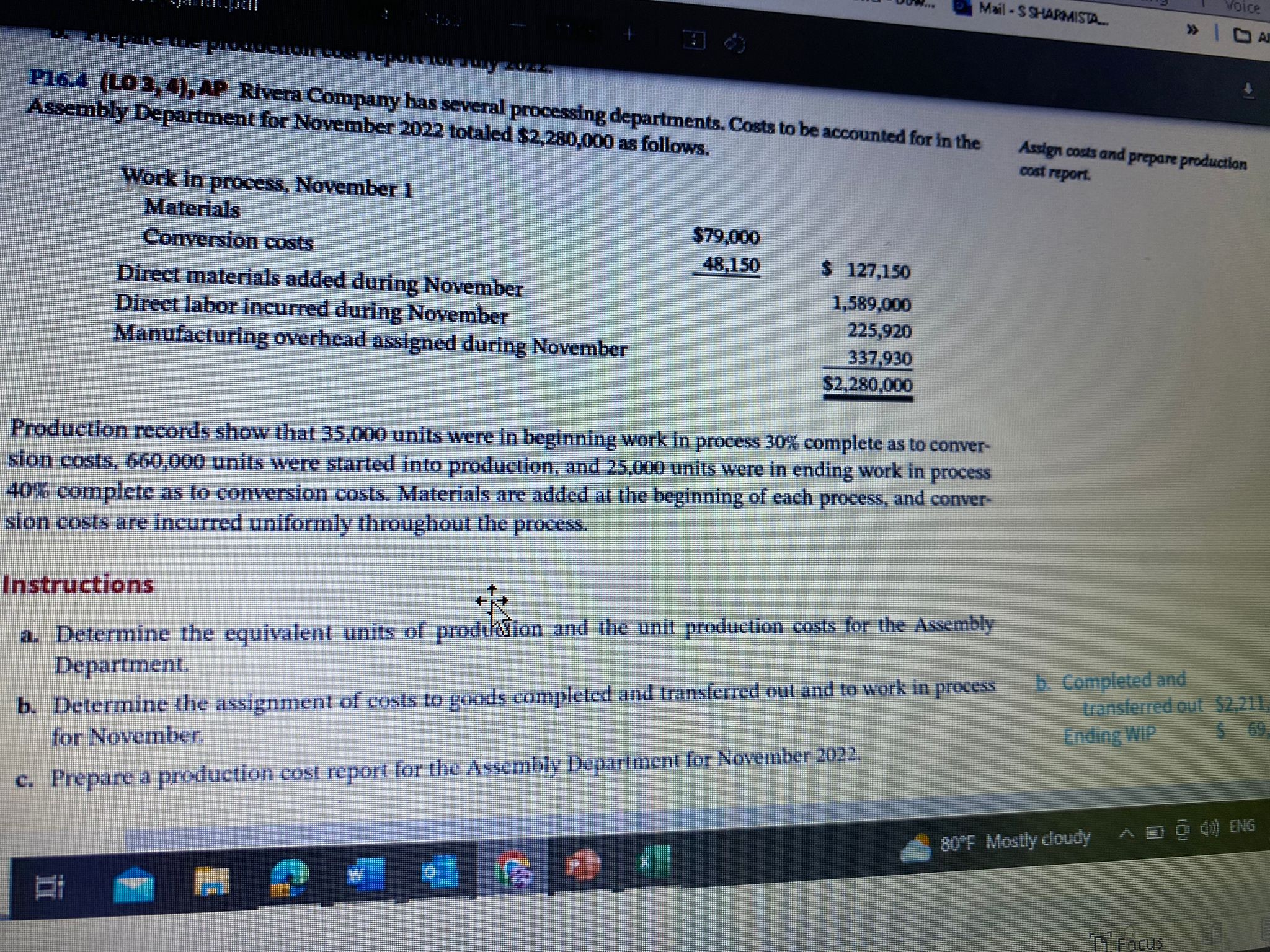  P16.41193,4,1P Rivera Company has several processing departments. Costs to be accounted