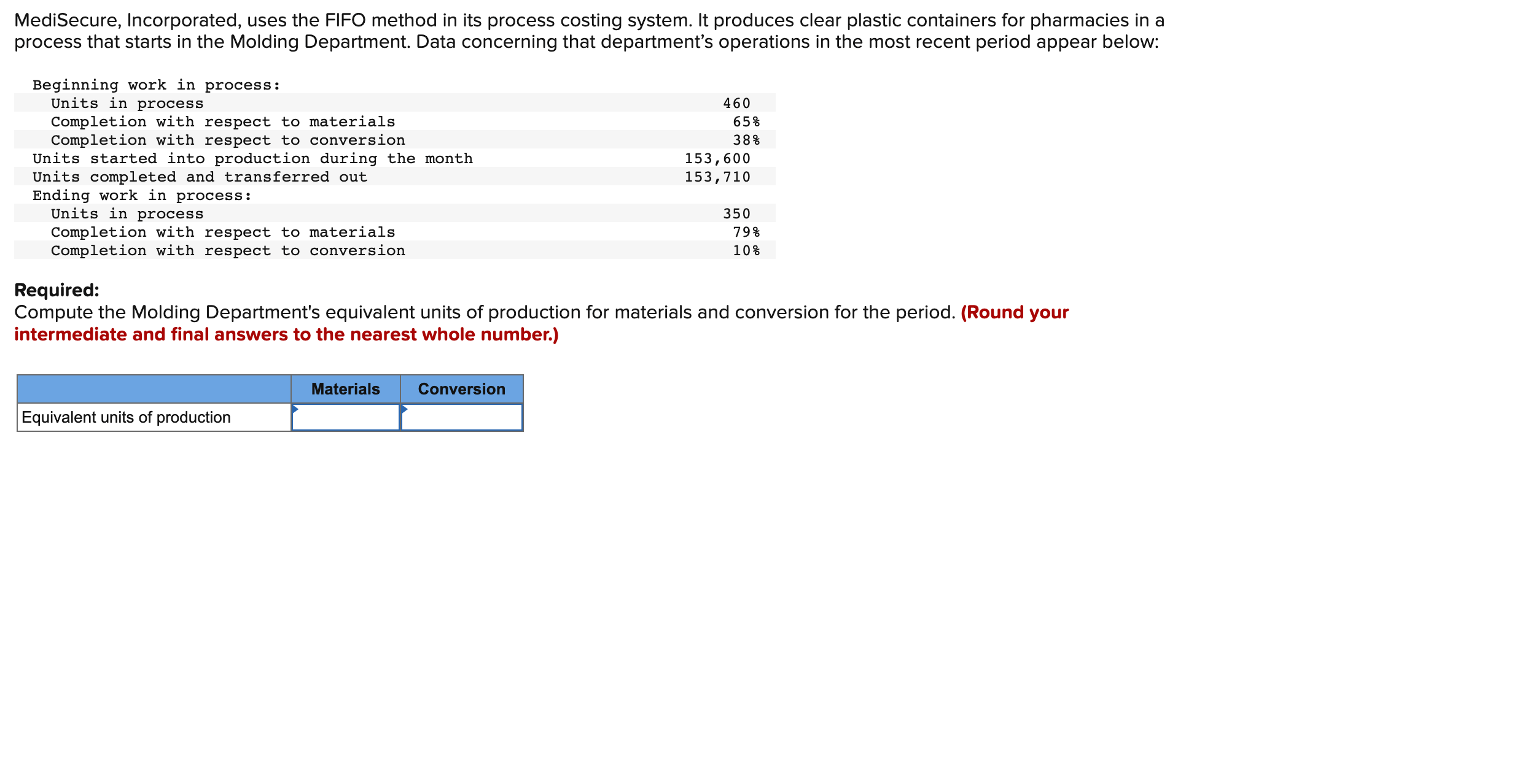  MediSecure, Incorporated, uses the FIFO method in its process costing system.