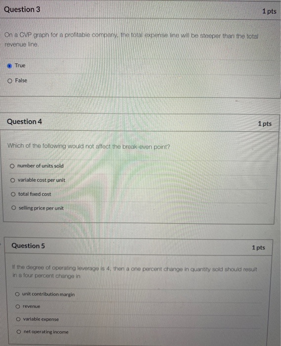?? Question 3 1 pts On a CVP graph for a profitable