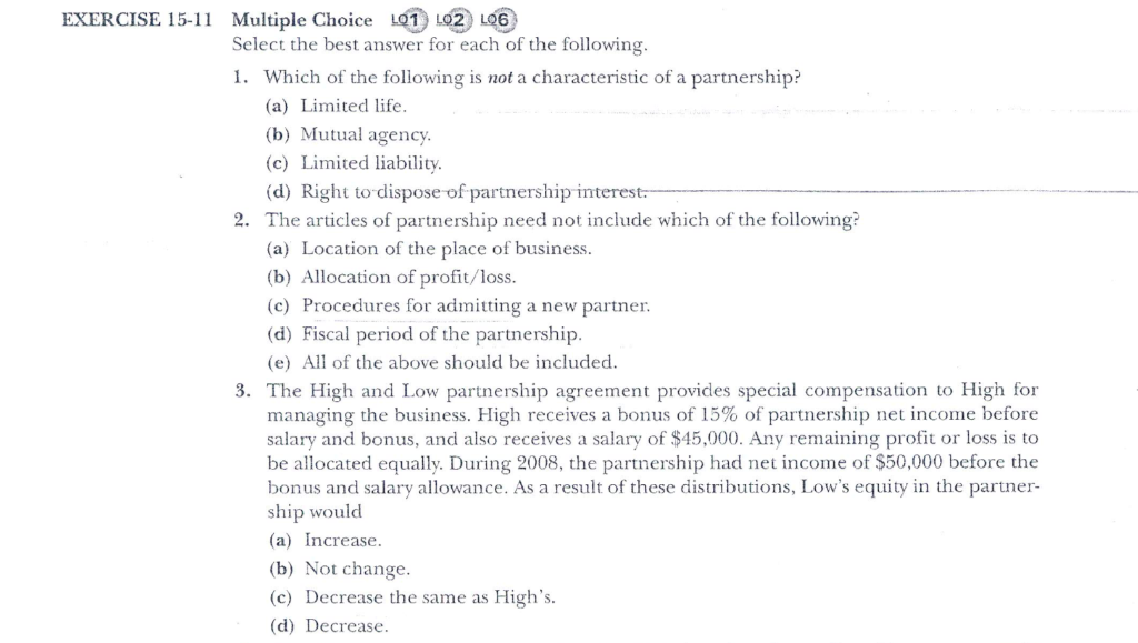 EXERCISE 15-1 Multiple Choice L01 LO2 LQ6 Select the best answer