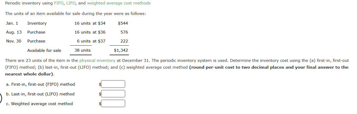  Periodic inventory using FIFO, LIFO, and weighted average cost methods The