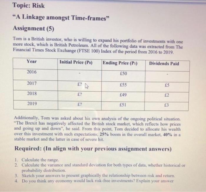  Topic: Risk "A Linkage amongst Time-frames Assignment (5) Tom is a