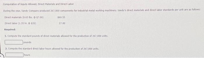  Computation of Inputs Allowed, Direct Materials and Dlrect Labor During the