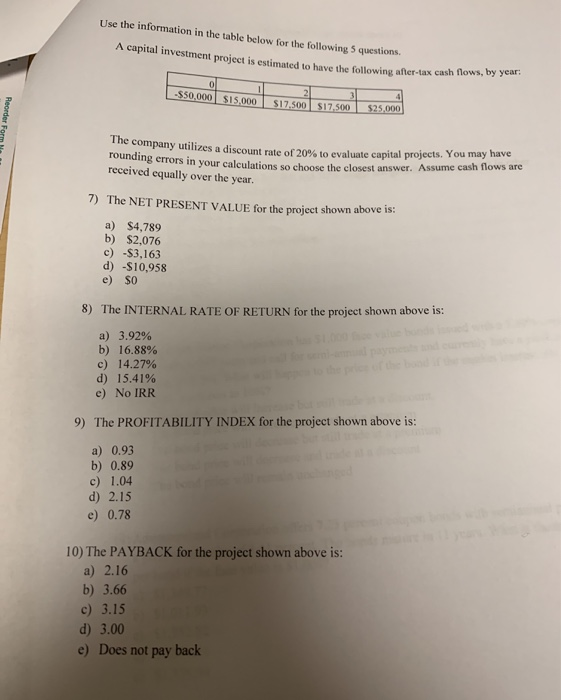  Use the information in the table below for the following 5