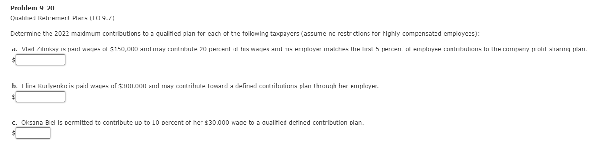  Problem 9-20 Qualified Retirement Plans (LO 9.7) Determine the 2022 maximum