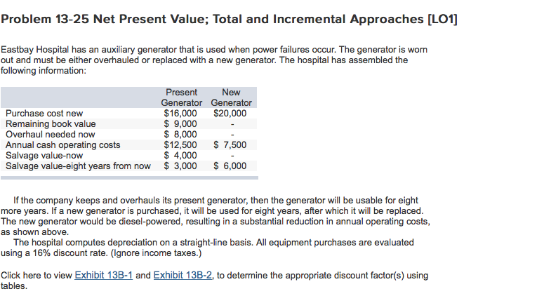  Problem 13-25 Net Present Value; Total and Incremental Approaches [L01] Eastbay
