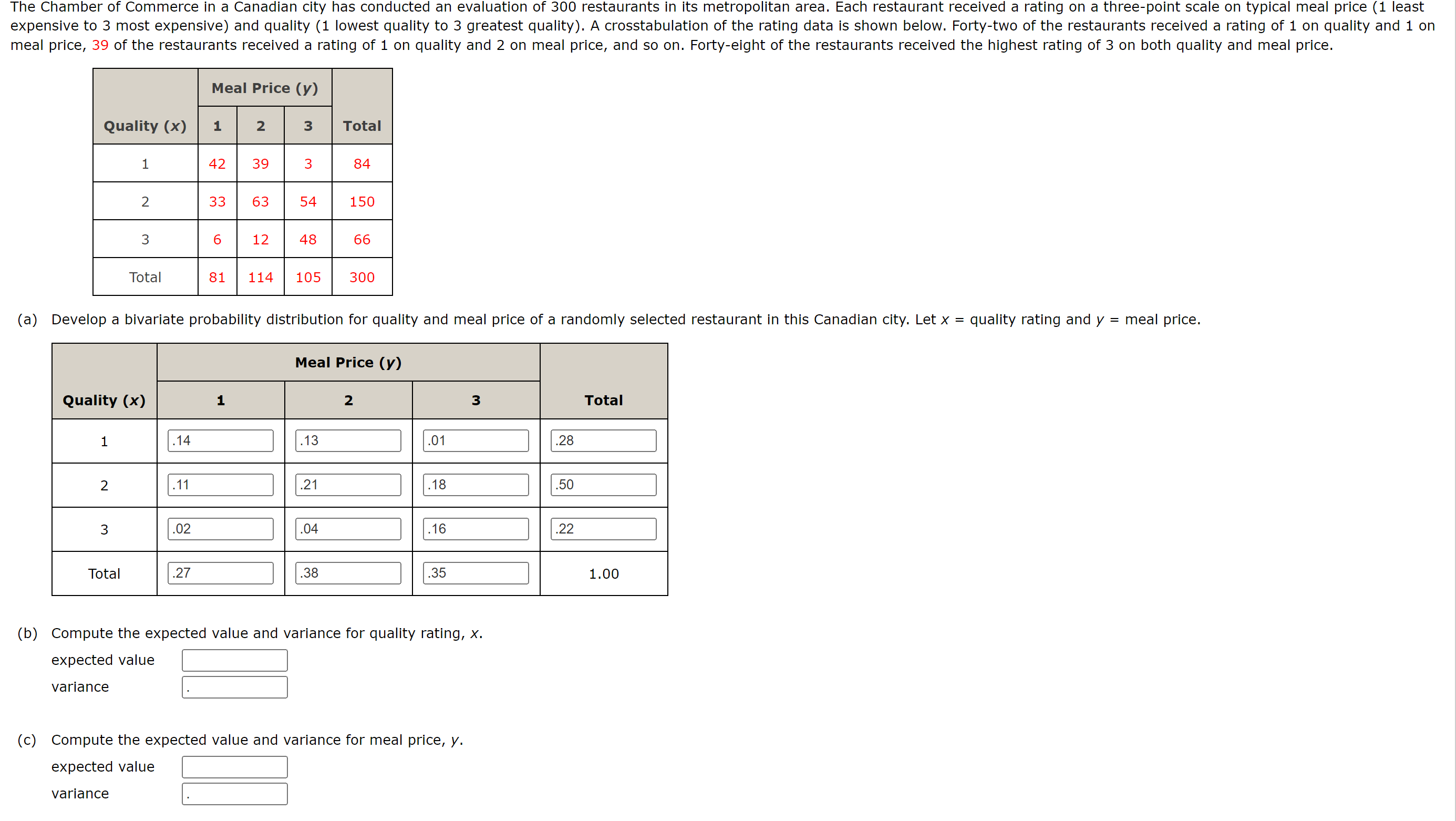 I thumbs up!! (a) Develop a bivariate probability distribution for quality and