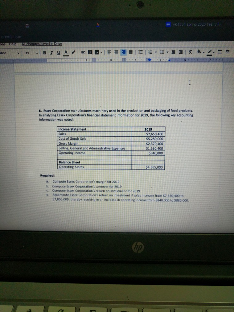 = ACT204 Spring 2020 Test 3F google.com ons Help Al changes