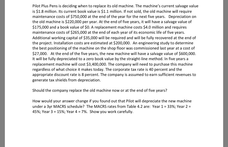  Pilot Plus Pens is deciding when to replace its old machine.