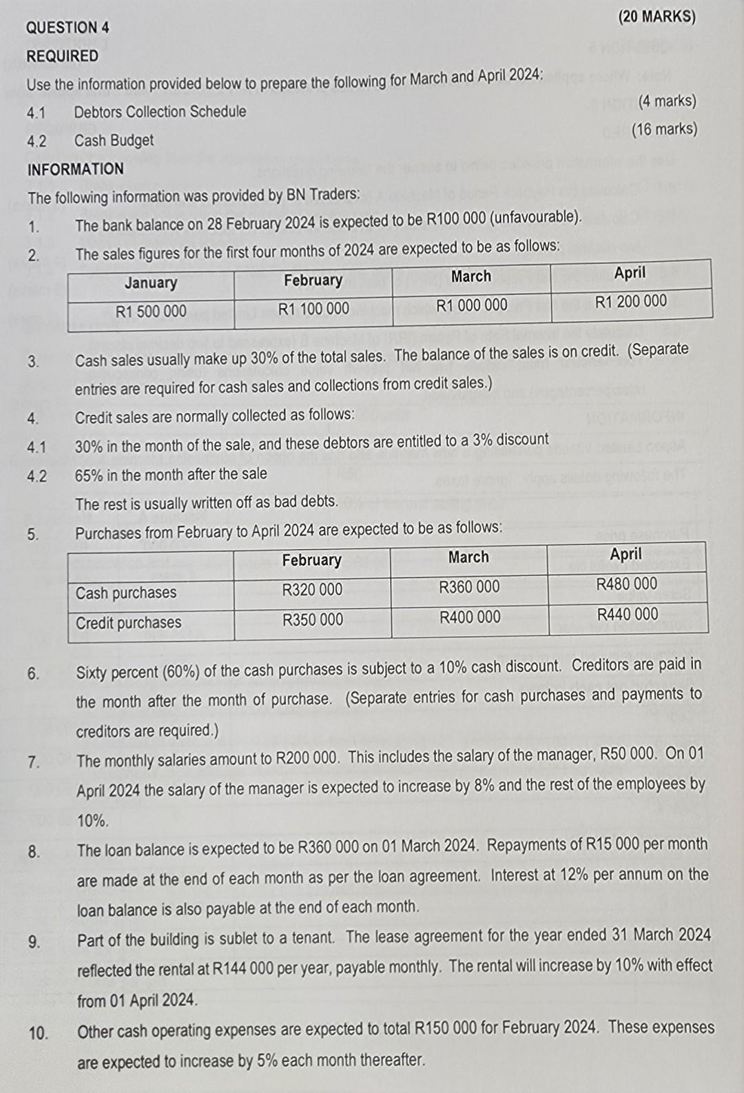 prepare the following for March and April 2024: 4.1 Debtors Collection Schedule