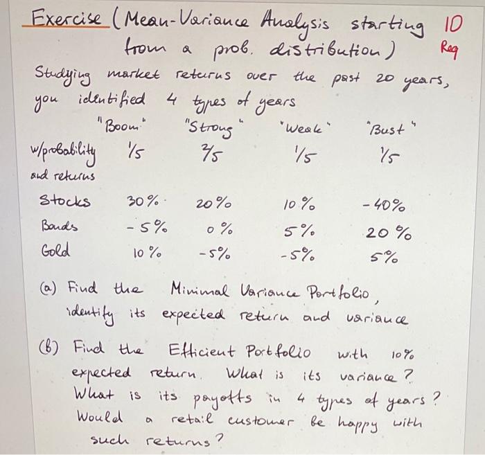  Req over Exercise (Mean-Variance Analysis starting 10 from a prob. distribution)