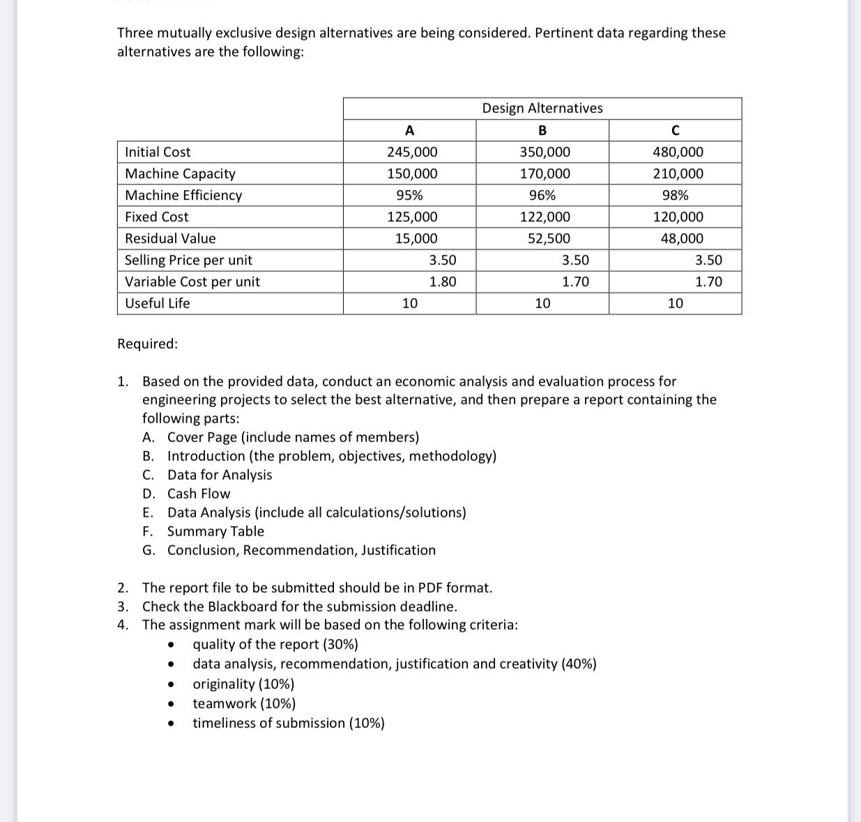  Three mutually exclusive design alternatives are being considered. Pertinent data regarding