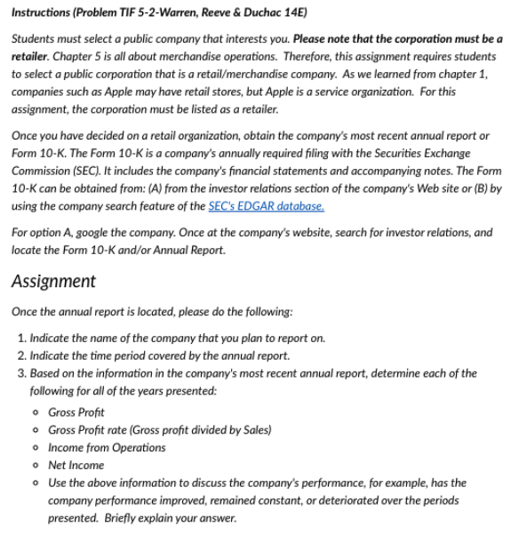 Instructions (Problem TIF 5-2-Warren, Reeve \& Duchac 14E) Students must select