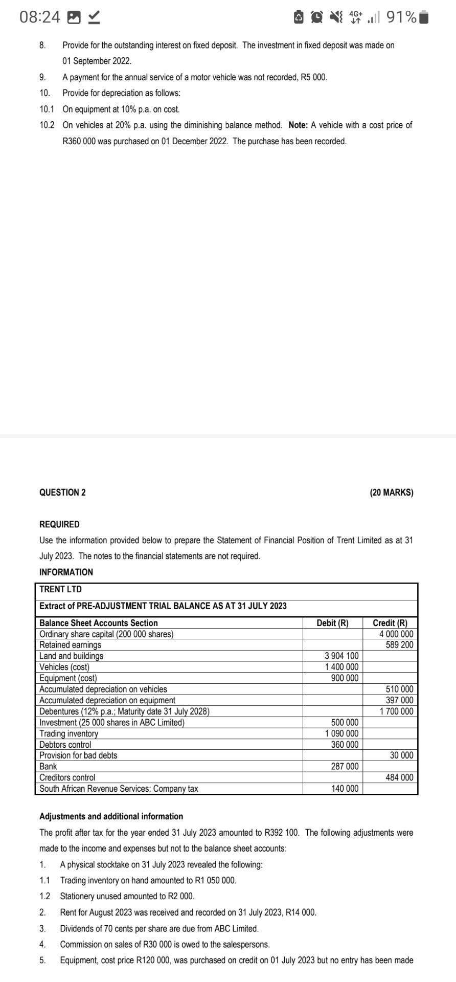 MARKS) REQUIRED Use the information provided below to prepare the Statement of