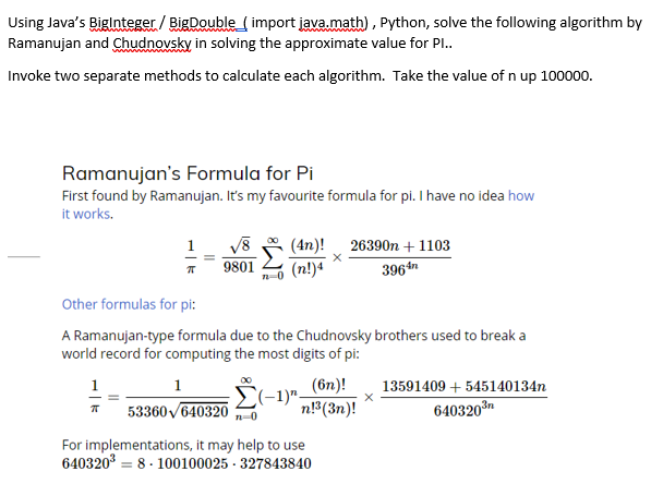  Using Java's Biglnteger / BigDouble import java.math), Python, solve the following