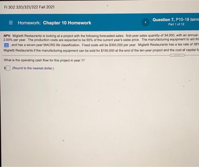  FI 302 320/321/322 Fall 2021 E Homework: Chapter 10 Homework Question