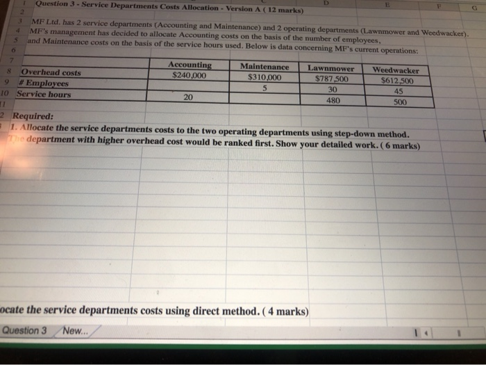  Question 3 - Service Departments Costs Allocation - Version A (12