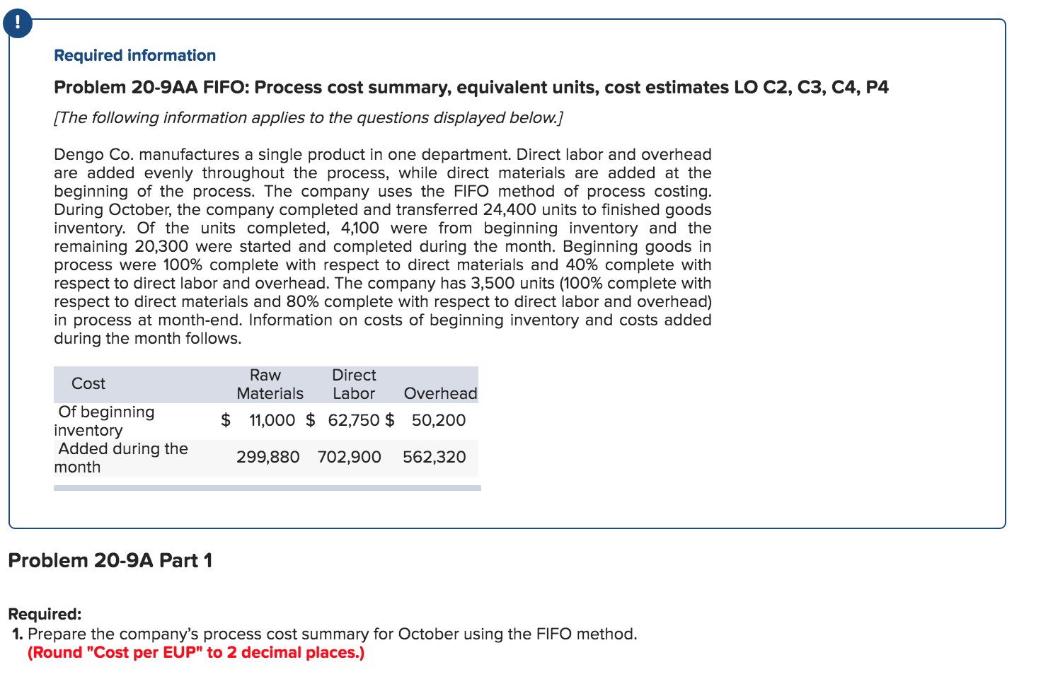  Required information Problem 20-9AA FIFO: Process cost summary, equivalent units, cost