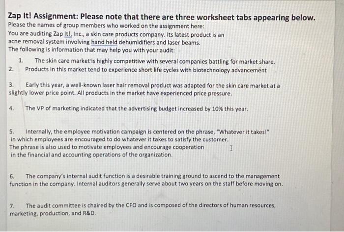  Zap It! Assignment: Please note that there are three worksheet tabs